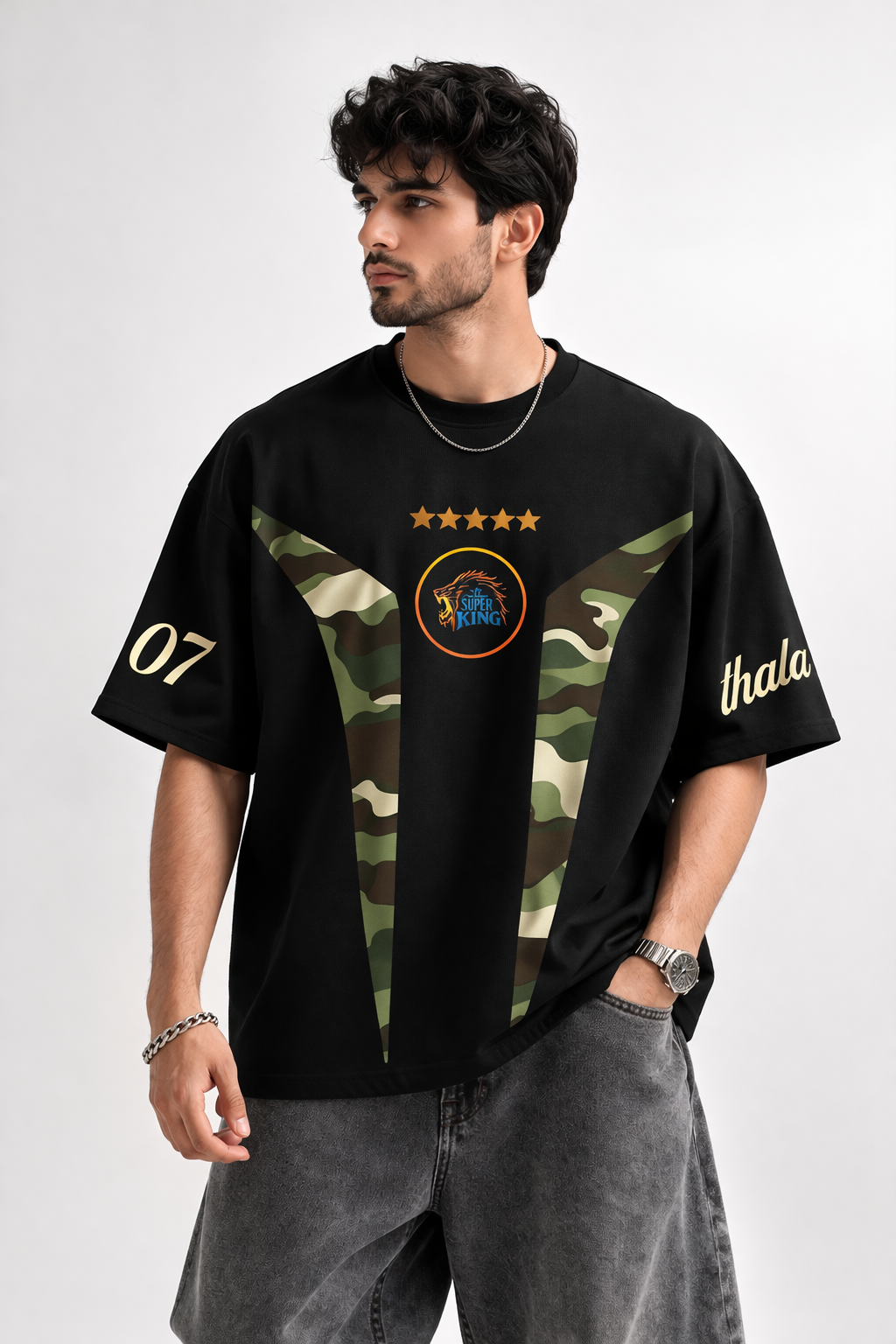 Black Cotton Oversized Thala 07 Cricket Graphic T-Shirt For Unisex