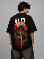 Black Cotton Oversized Dragon Samurai Japanese Graphic T-Shirt For Unisex