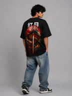 Black Cotton Oversized Dragon Samurai Japanese Graphic T-Shirt For Unisex