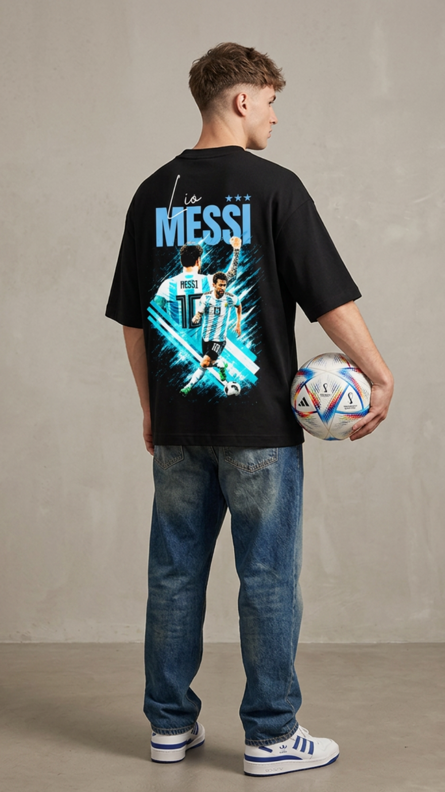 Black Cotton Oversized Lio Messi Fifa World Cup Fan Edition T-Shirt For Unisex