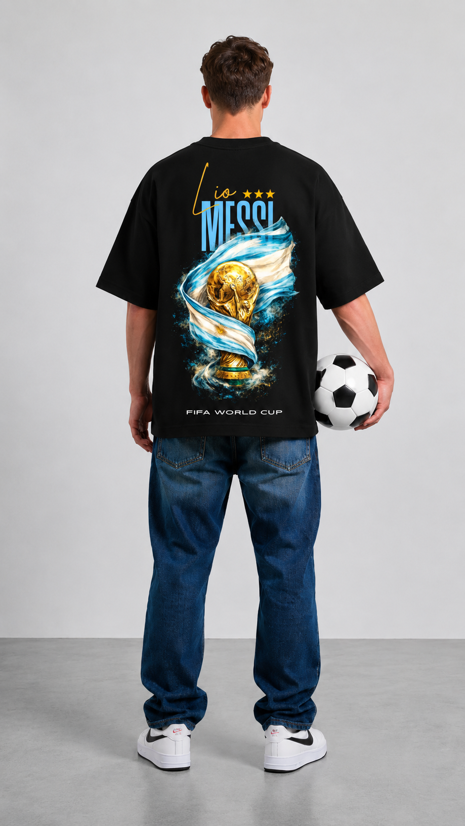 Black Cotton Oversized Messi Fifa World Cup Trophy Edition T-Shirt For Unisex