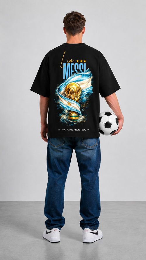 Black Cotton Oversized Messi Fifa World Cup Trophy Edition T-Shirt For Unisex