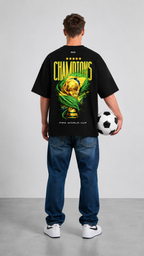 Black Cotton Oversized Brasil Champions Graphic T-Shirt For Unisex