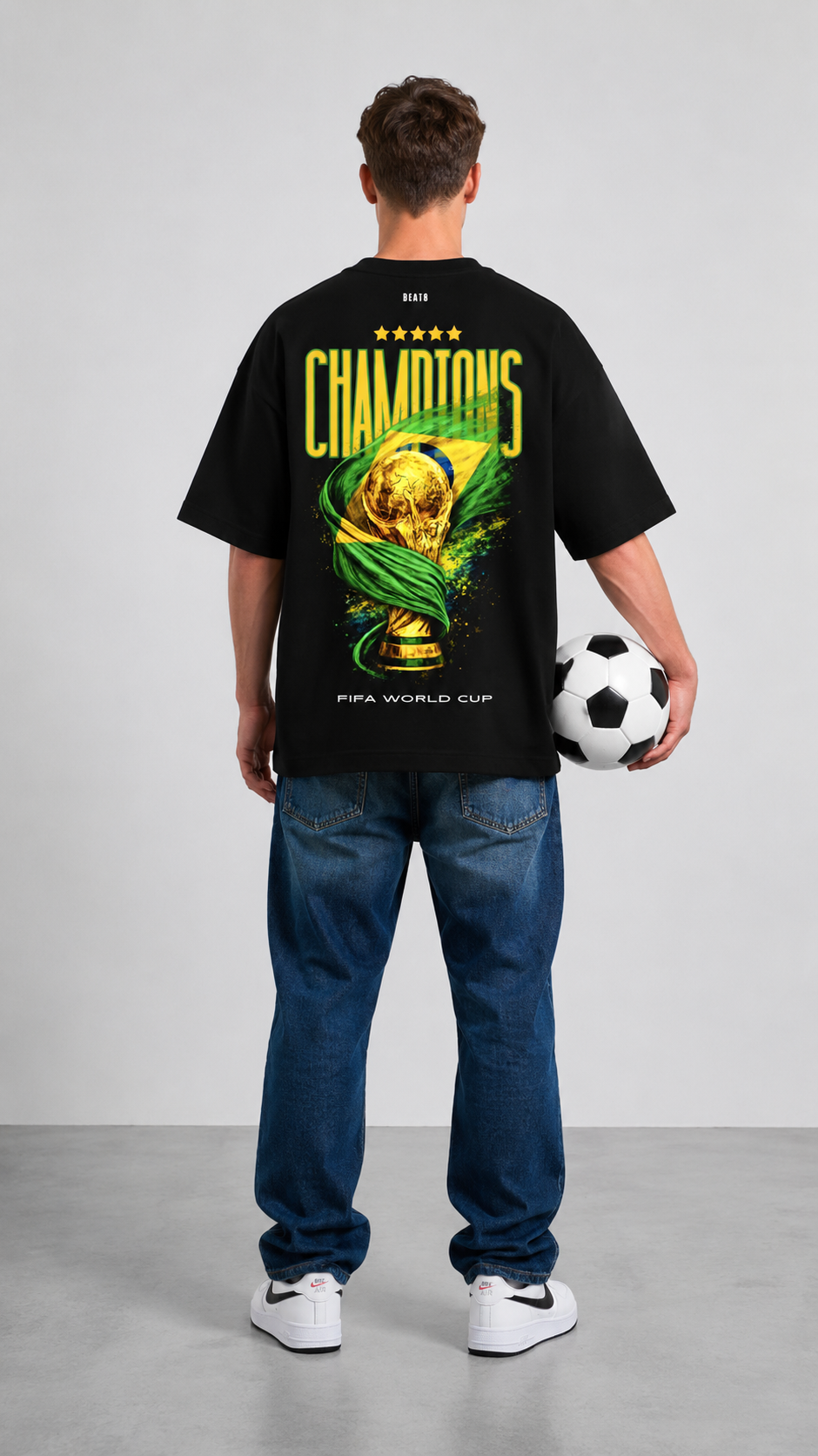 Black Cotton Oversized Brasil Champions Graphic T-Shirt For Unisex