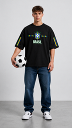 Black Cotton Oversized Brasil Champions Graphic T-Shirt For Unisex