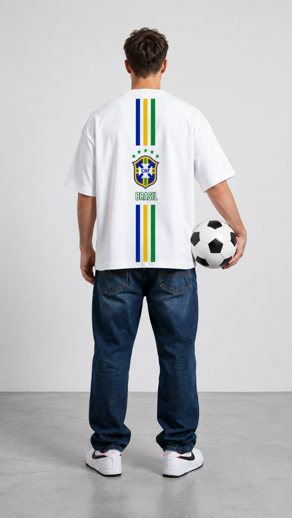 White Cotton Oversized Brasil Cbf Stripe Football Fan T-Shirt For Unisex