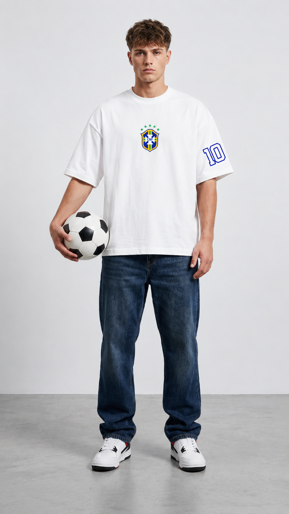 White Cotton Oversized Brasil Cbf Stripe Football Fan T-Shirt For Unisex