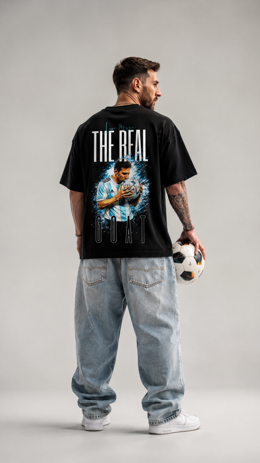 Black Cotton Oversized The Real Goat Messi Football Graphic T-Shirt For Unisex